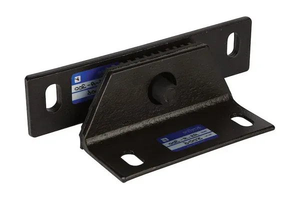 AS-A all-directional snubber: two interlocking black steel parts with slotted fixing holes and rubber-lined contact faces