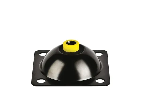 ASI-R housed rubber mount: black rubber dome with a yellow threaded insert on a square steel base