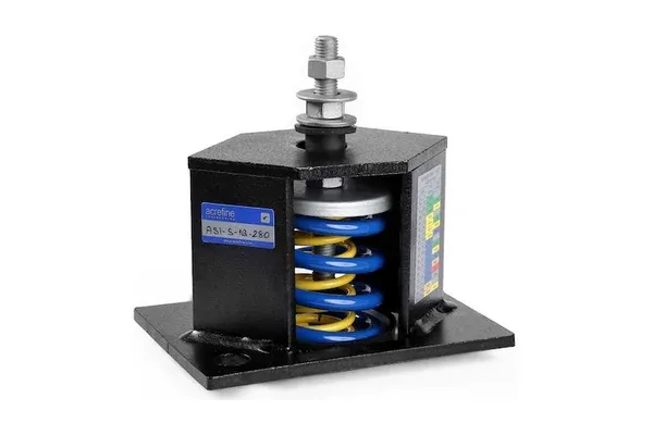 ASI-S welded housing spring isolator: blue and yellow springs inside a black welded steel housing