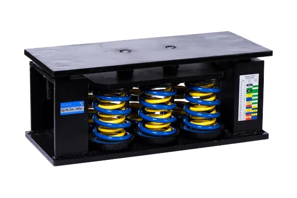 Acrefine ASI-T6 seismic restrained spring isolator with blue and yellow springs