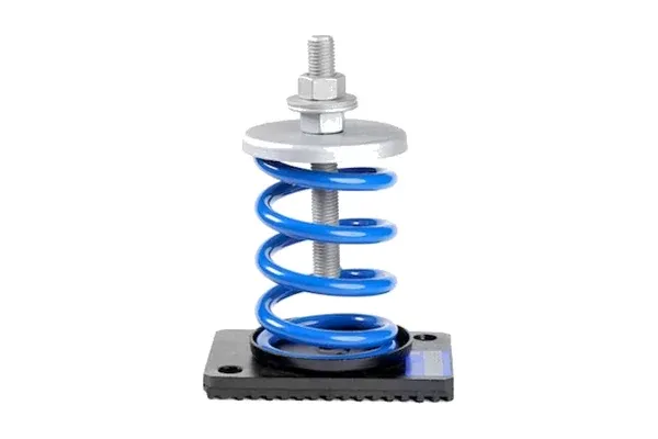 Open spring vibration isolator with a blue colour-coded steel spring, levelling bolt and ribbed rubber base pad
