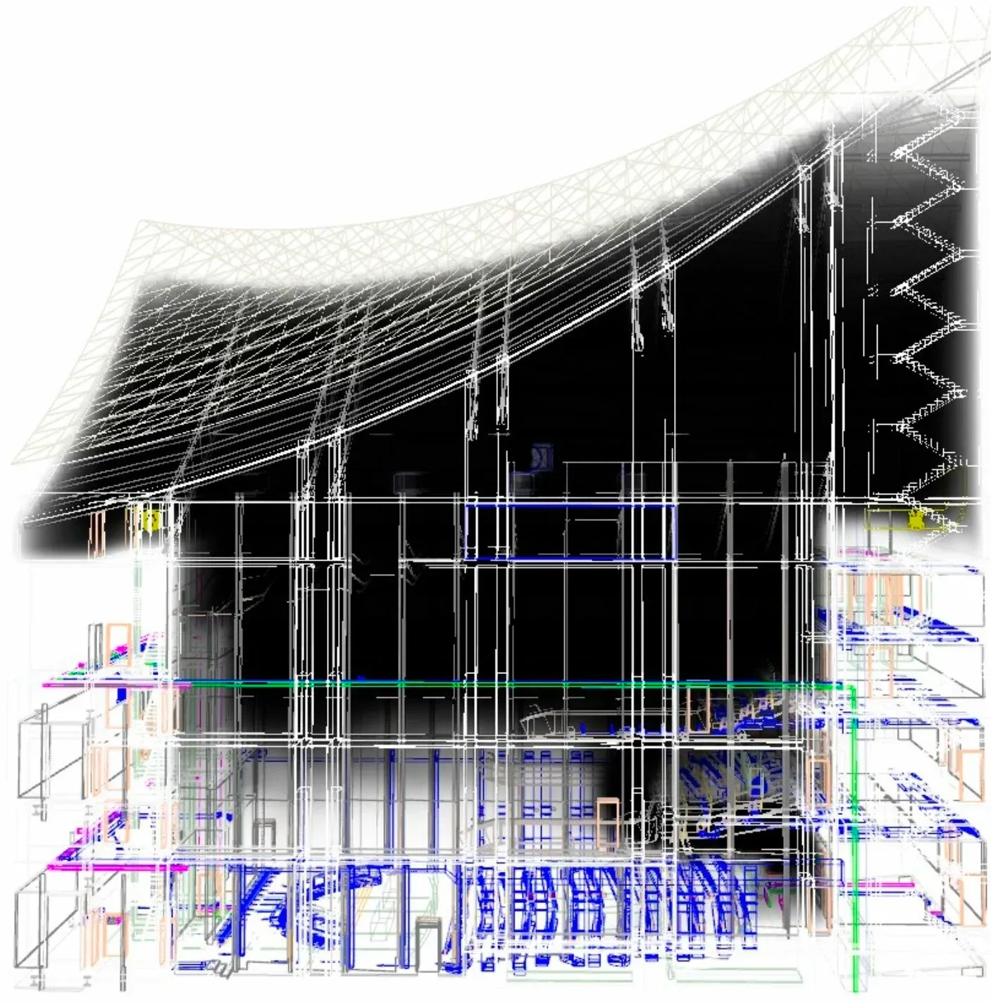 FDS smoke-control simulation: section through a large auditorium showing smoke filling the roof volume during a design fire