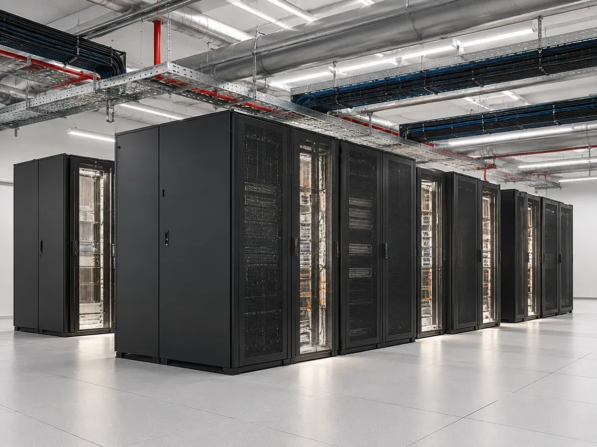 Data centre hall with server racks, overhead cable trays and sprinkler pipework