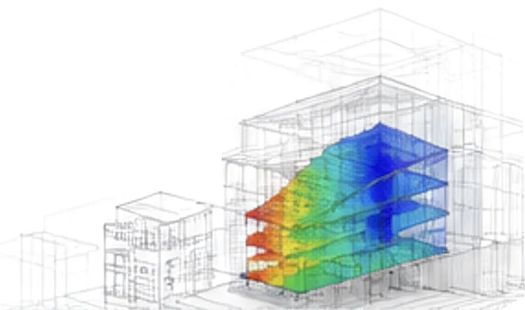 Wireframe building with a colour-mapped analysis result across its floors