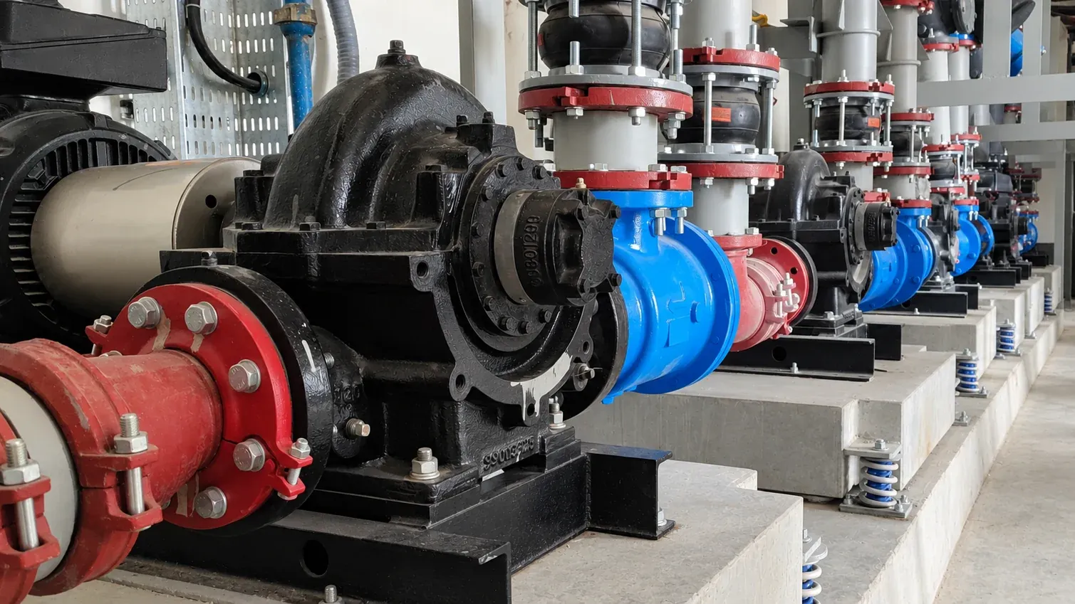 Split-case pumps with flexible connectors on concrete inertia bases, open spring isolators at each corner, Granada Mall, Riyadh