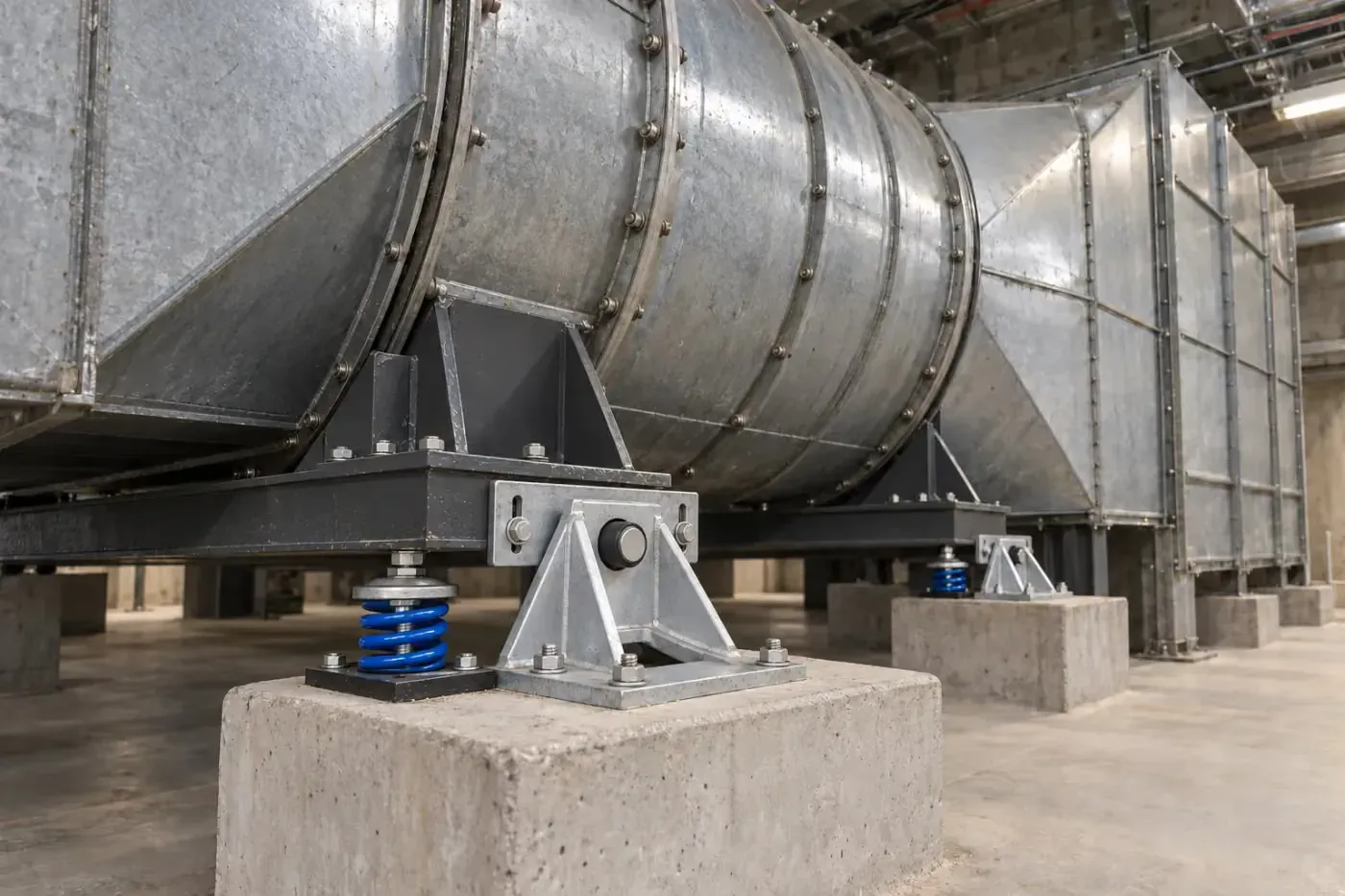 Illustration: a large axial tunnel ventilation fan resiliently mounted on spring isolators, with a galvanised seismic snubber on each support beside them