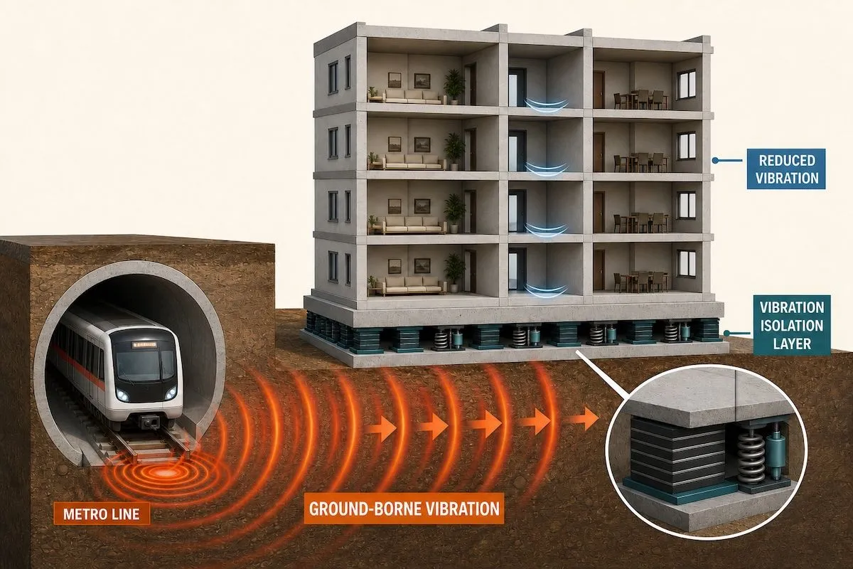 Illustration of ground-borne vibration from a metro line reaching a building supported on a vibration isolation layer beneath its base