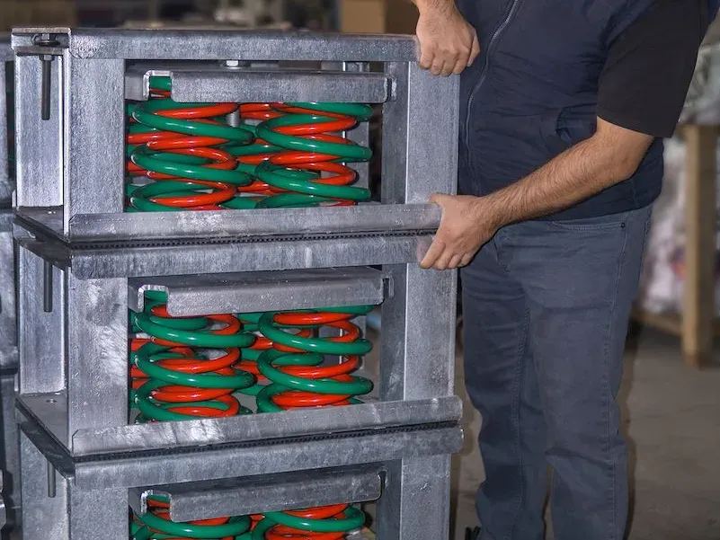 Hot-dip galvanised ASI-T4 heavy-duty spring isolators with nested red and green springs, stacked and checked by an Acrefine technician in the workshop