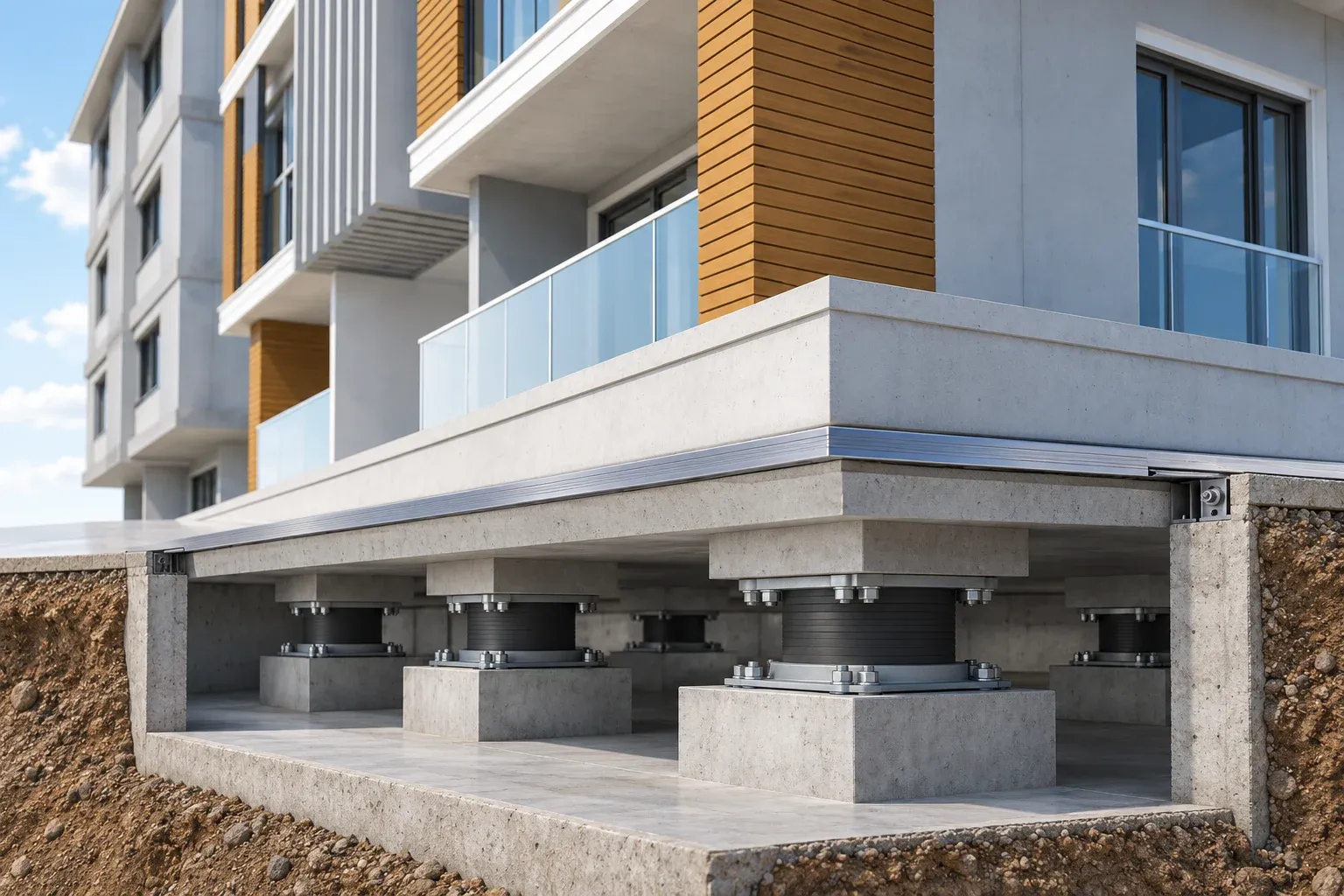 Illustration: a residential building on elastomeric seismic isolation bearings in a moat below ground, cut away to show the bearings, the retaining wall and the cover plate