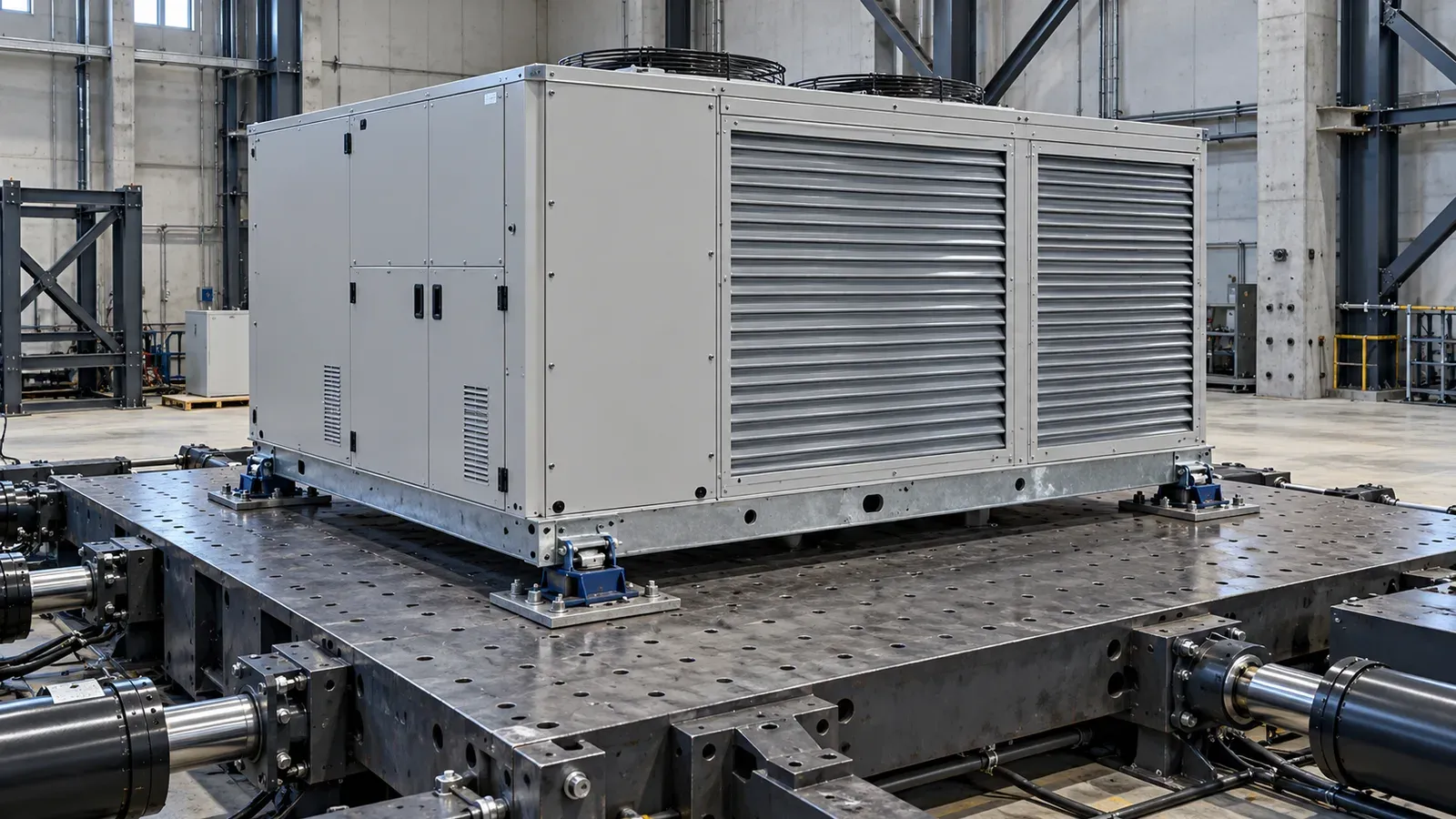 Packaged rooftop HVAC unit on seismic restraint mounts on the steel platform of a shake table, with hydraulic actuators at the platform edges