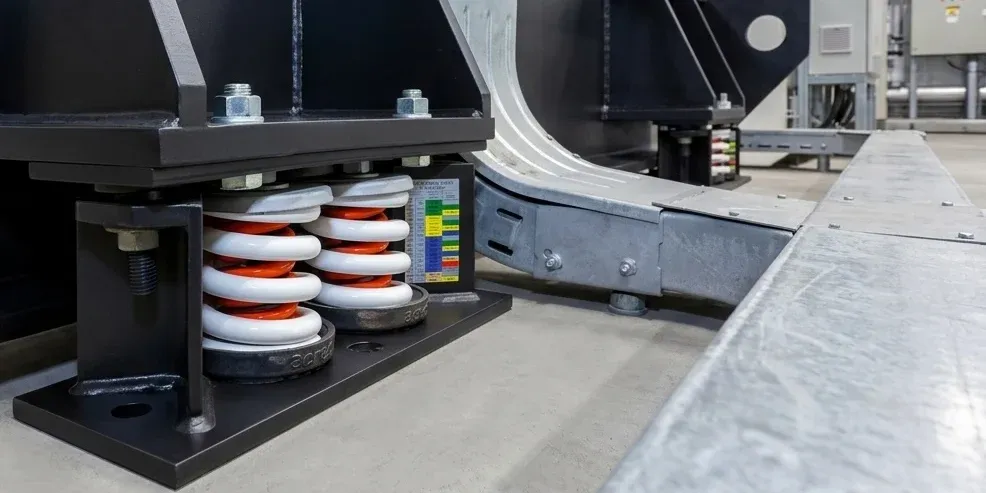 Acrefine spring isolators with colour-coded steel springs supporting an equipment frame
