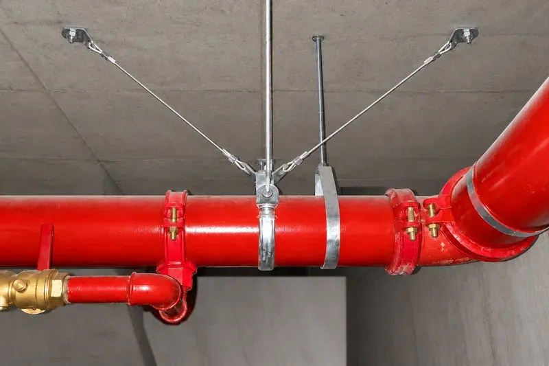 Fire sprinkler main with symmetrical seismic cable bracing to the concrete soffit