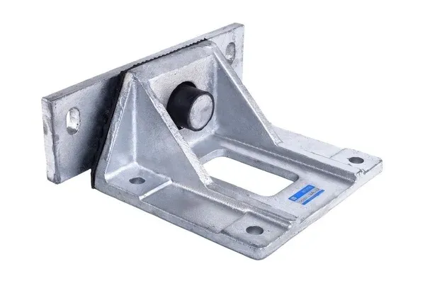 Large hot-dip galvanised all-directional snubber with a heavy gusseted body and a rubber-lined stop