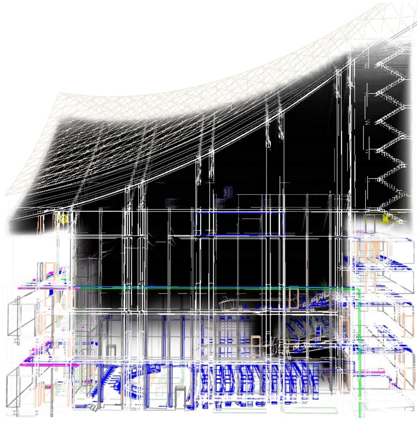FDS smoke-control simulation: section through a large auditorium showing smoke filling the roof volume during a design fire