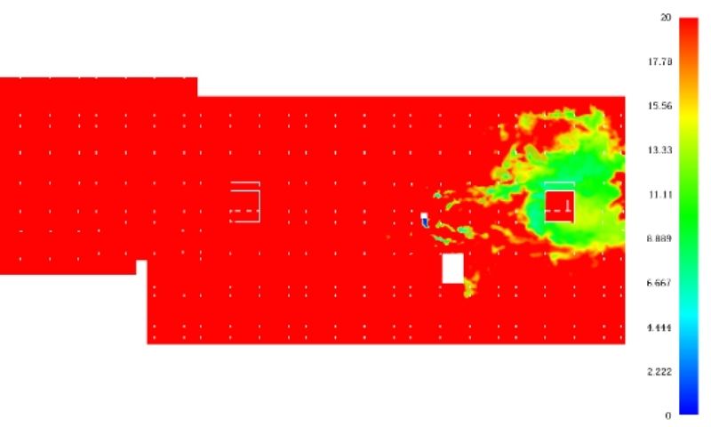 FDS smoke-control simulation: visibility contour plan during a design fire