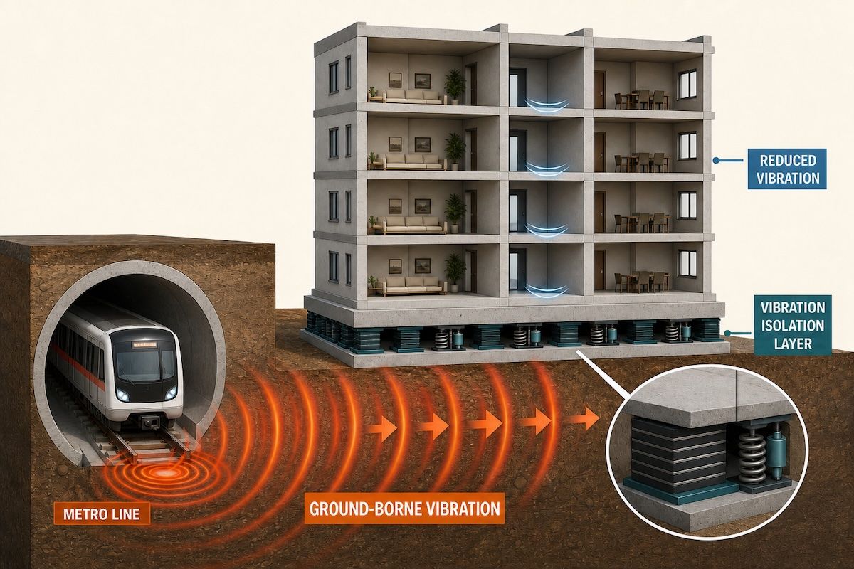 Illustration of ground-borne vibration from a metro line reaching a building supported on a vibration isolation layer beneath its base