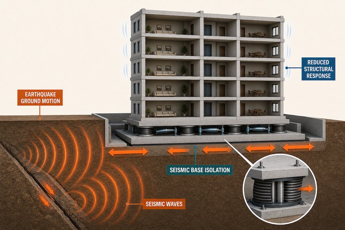 Seismic base isolation illustration with isolators beneath a building